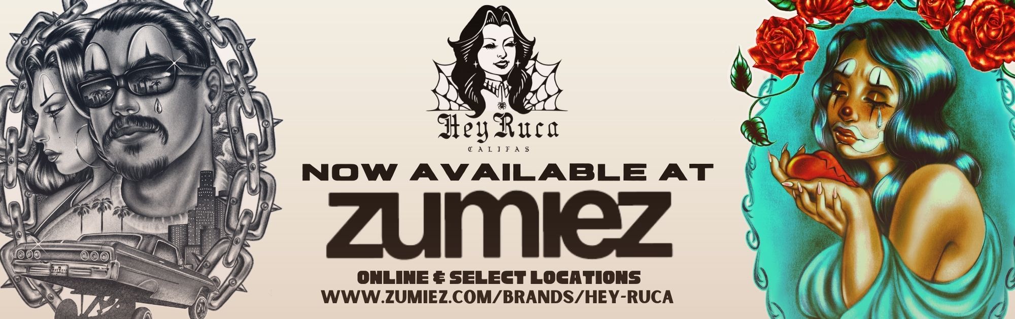 Zumiez logo advertising Hey Ruca's merchandise are now online and in store.