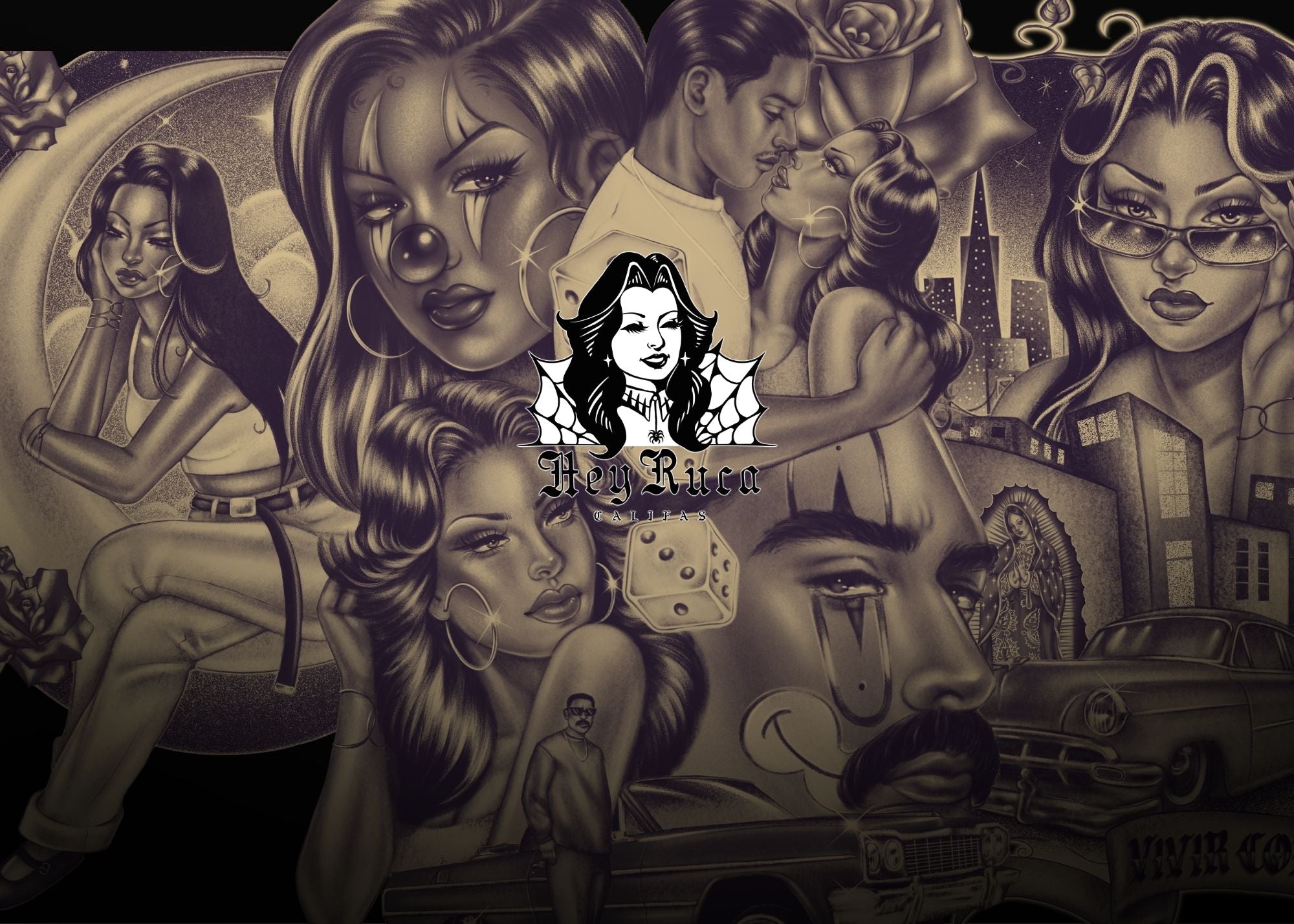 Background collage of Hey Rucas art, purple monochromatic